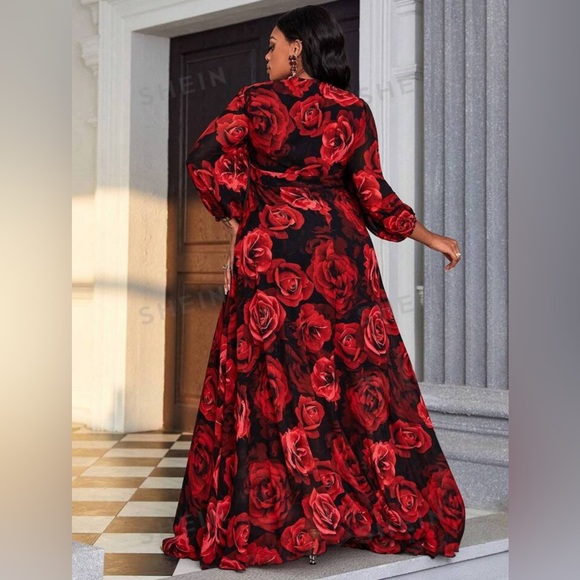 SHEIN Plus Size Lantern Sleeve Rose Dress - Picture 3 of 3